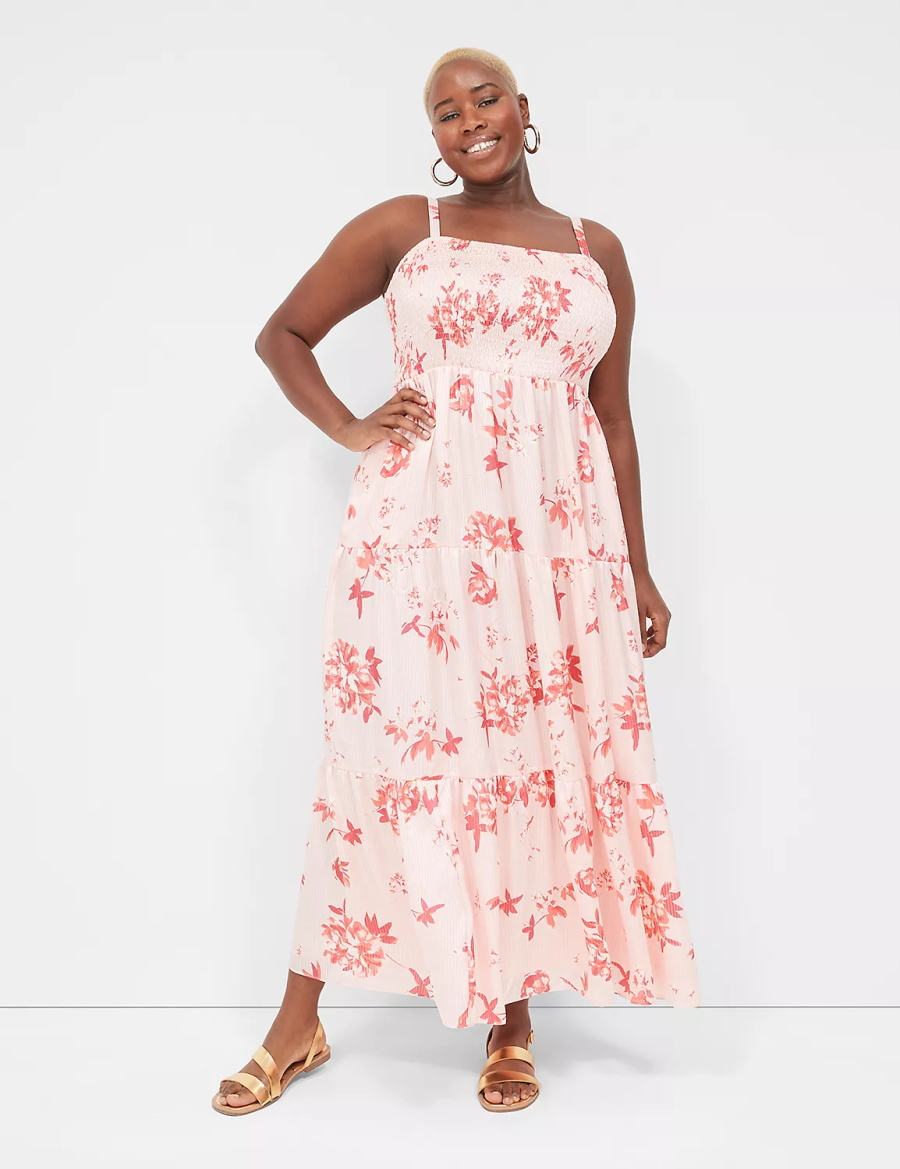 Lane Bryant Sleeveless Tiered Women Maxi Dress White Pink | YWX3862OX