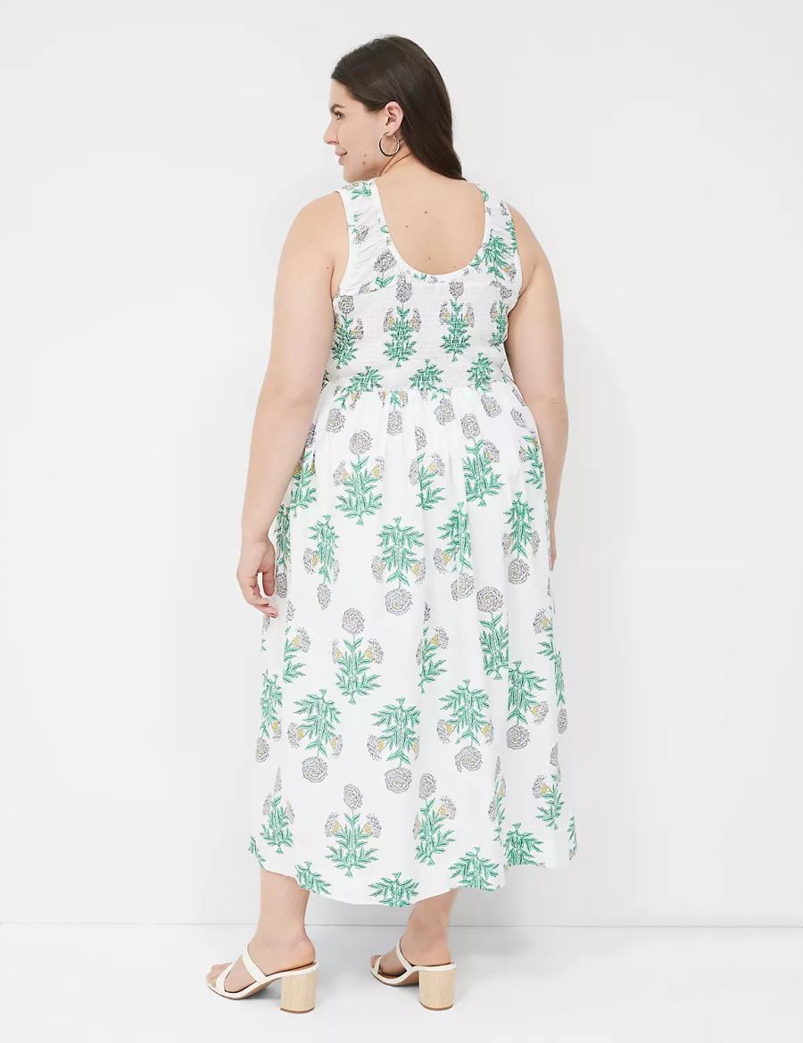 Lane Bryant Smocked-Bodice Women Midi Dress White Green | ZMW6297BC