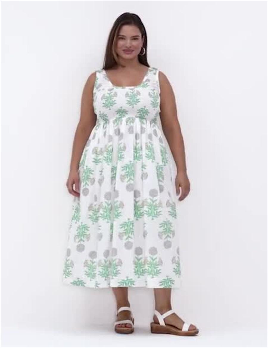 Lane Bryant Smocked-Bodice Women Midi Dress White Green | ZMW6297BC