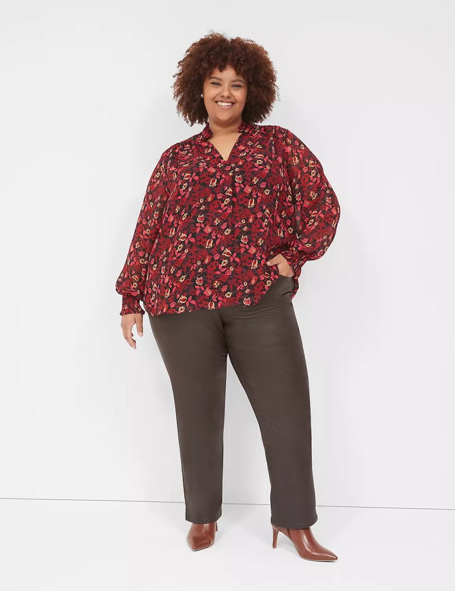 Lane Bryant Smocked-Shoulder Popover Women Blouse Red | IBK1617LM