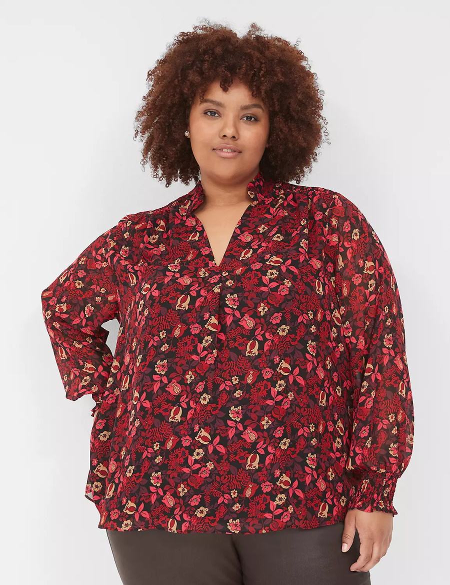 Lane Bryant Smocked-Shoulder Popover Women Blouse Red | IBK1617LM