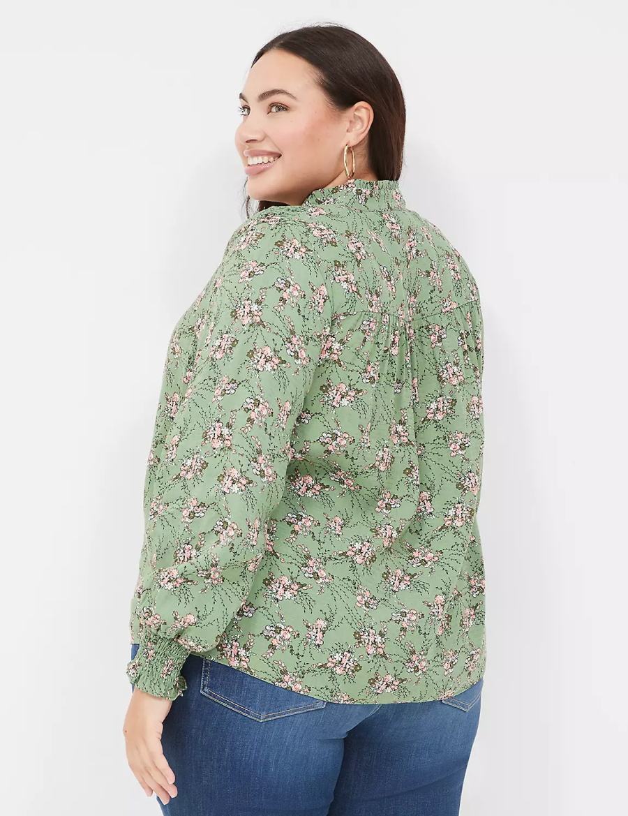 Lane Bryant Smocked Shoulder & Cuff Popover Women Blouse Green | XXP8958OP