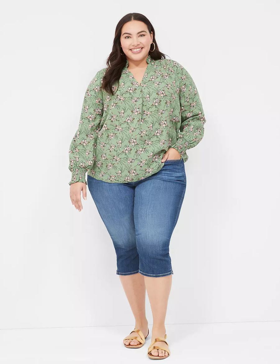 Lane Bryant Smocked Shoulder & Cuff Popover Women Blouse Green | XXP8958OP