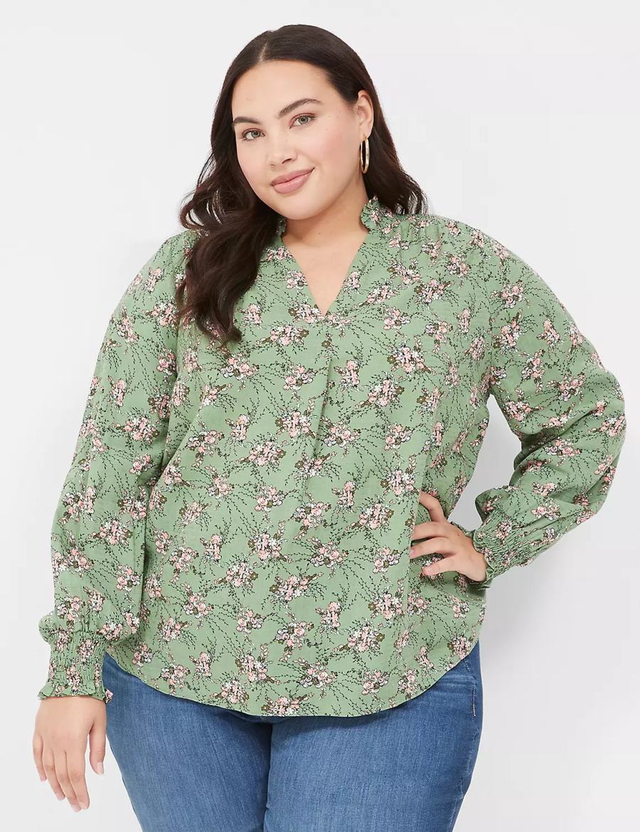 Lane Bryant Smocked Shoulder & Cuff Popover Women Blouse Green | XXP8958OP