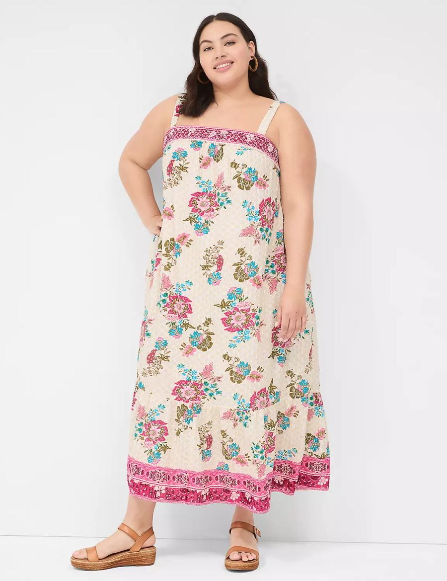 Lane Bryant Smocked Square-Neck Women Maxi Dress White Multicolor | ZGS128HH