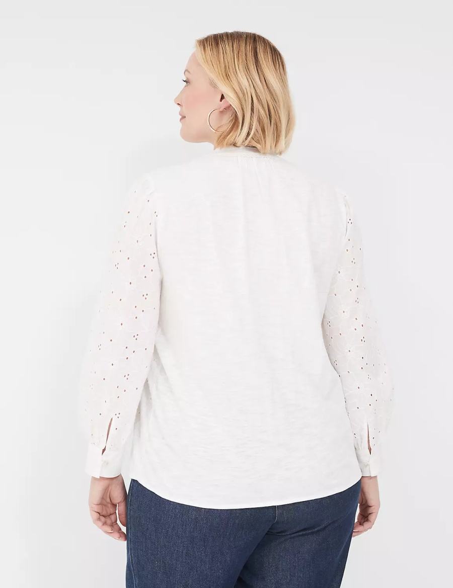 Lane Bryant Split-Neck Eyelet & Knit Women Blouse White | KXN363YI