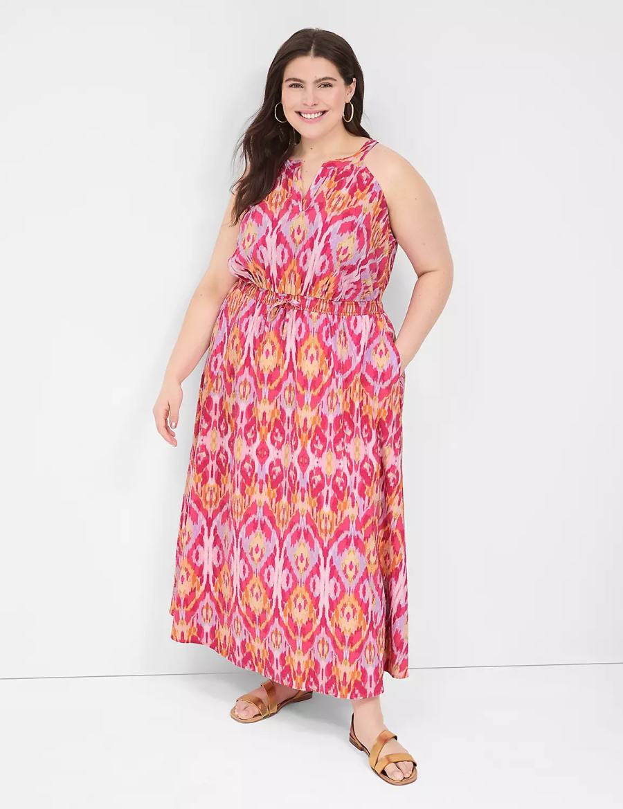 Lane Bryant Split-Neck Tie-Waist Women Maxi Dress Pink | ZTE1112RI