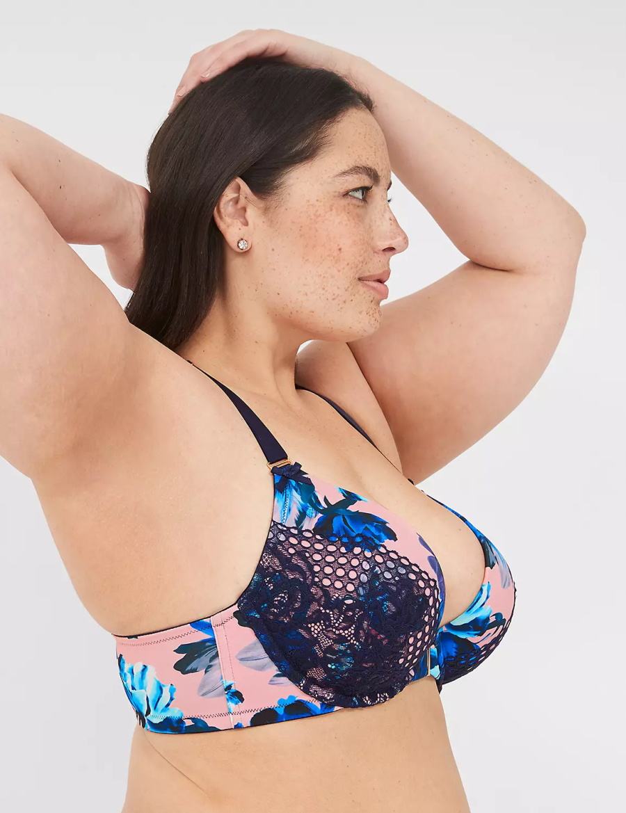 Lane Bryant Strappy-Back Boost Plunge Front-Close Women Bralettes Pink Blue Multicolor | EZK940IZ