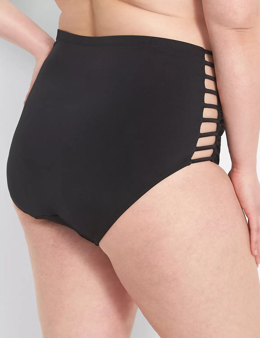 Lane Bryant Strappy Ruched-Side High-Waist Swim Women Briefs Black | JAB2636AN