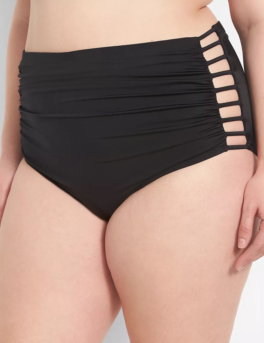 Lane Bryant Strappy Ruched-Side High-Waist Swim Women Briefs Black | JAB2636AN