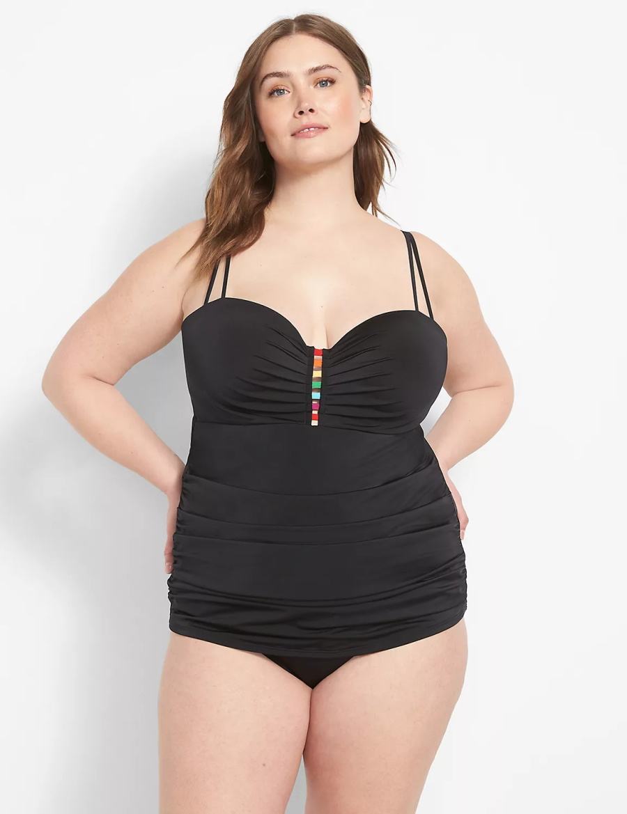 Lane Bryant Strappy Ruched-Side High-Waist Swim Women Briefs Black | JAB2636AN