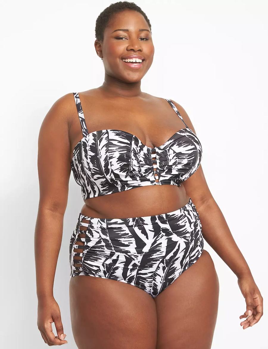 Lane Bryant Strappy Ruched-Side Swim Women Briefs White Black | OKC7065WY