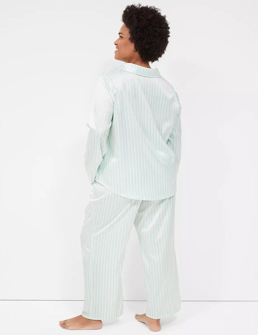 Lane Bryant Stretch Satin Shirt & Pant PJ Set Women Pajamas Green Stripes | DIJ3560NI