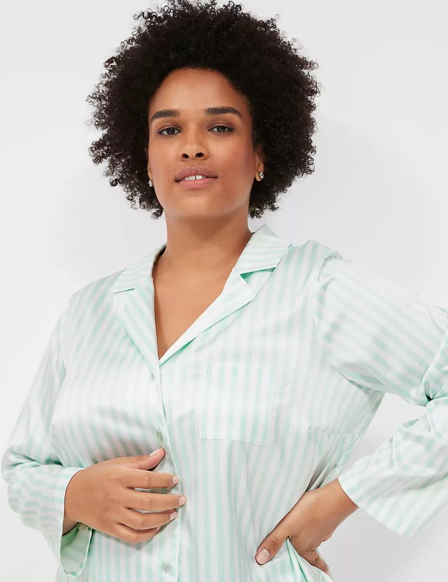 Lane Bryant Stretch Satin Shirt & Pant PJ Set Women Pajamas Green Stripes | DIJ3560NI