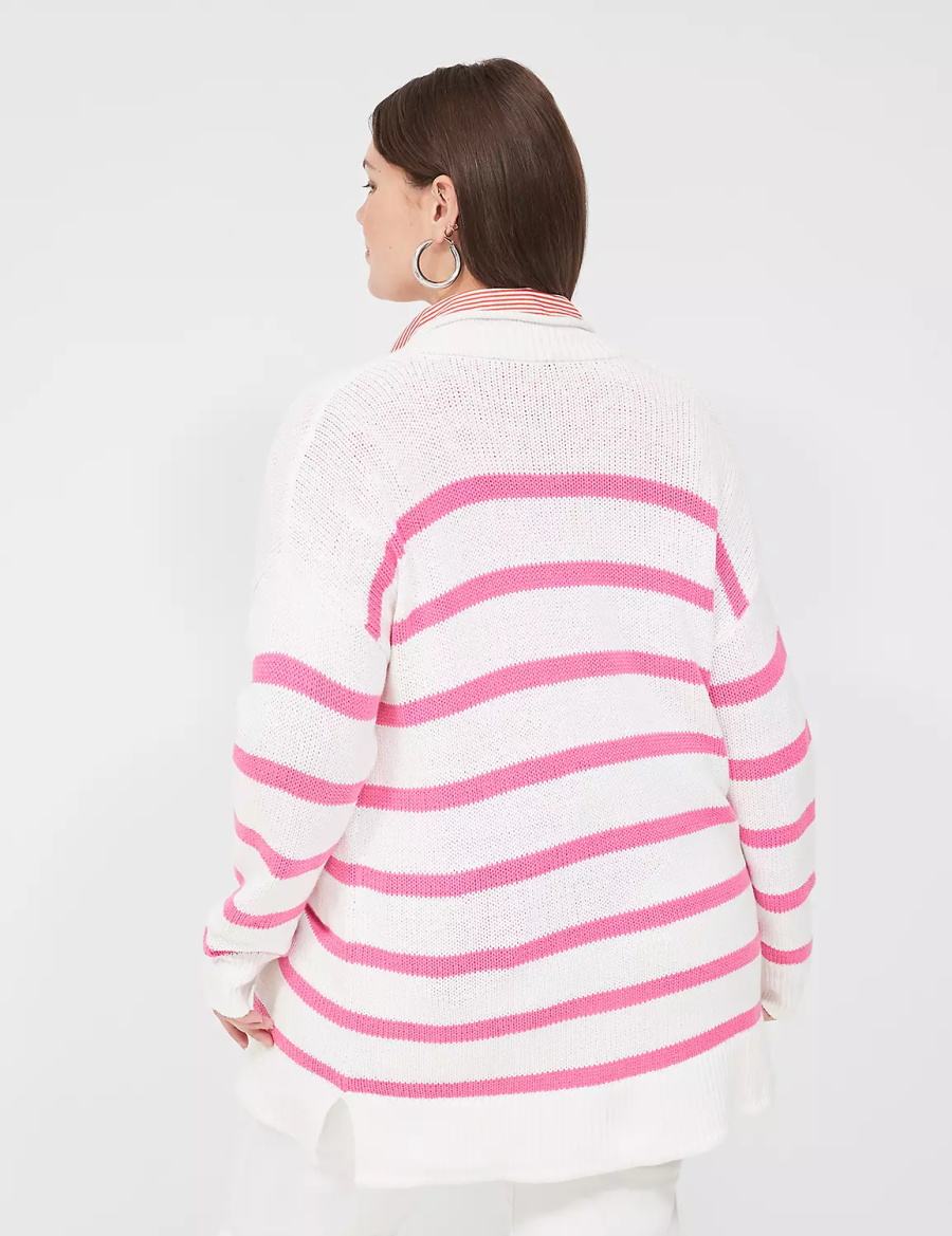 Lane Bryant Striped Open-Front Women Cardigan Pink White Stripes | HMH2680FB