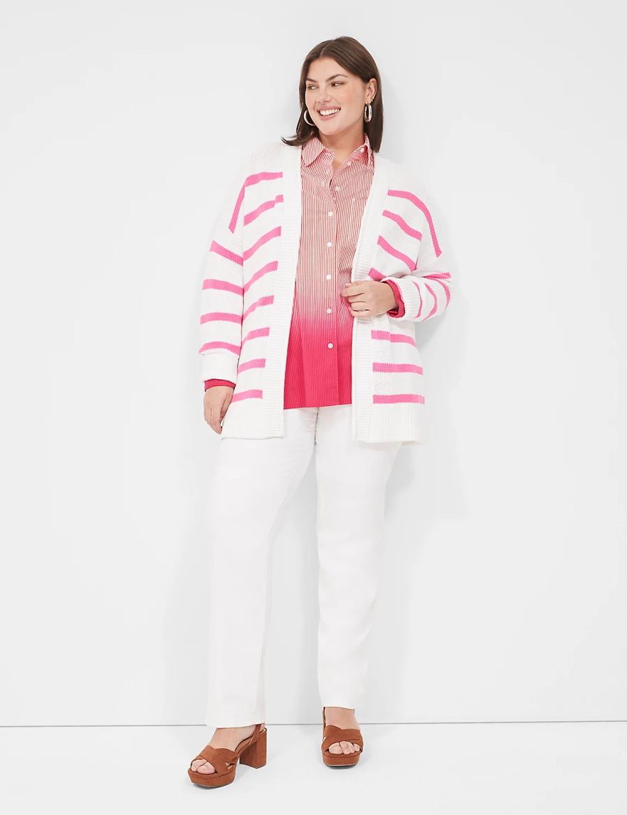 Lane Bryant Striped Open-Front Women Cardigan Pink White Stripes | HMH2680FB