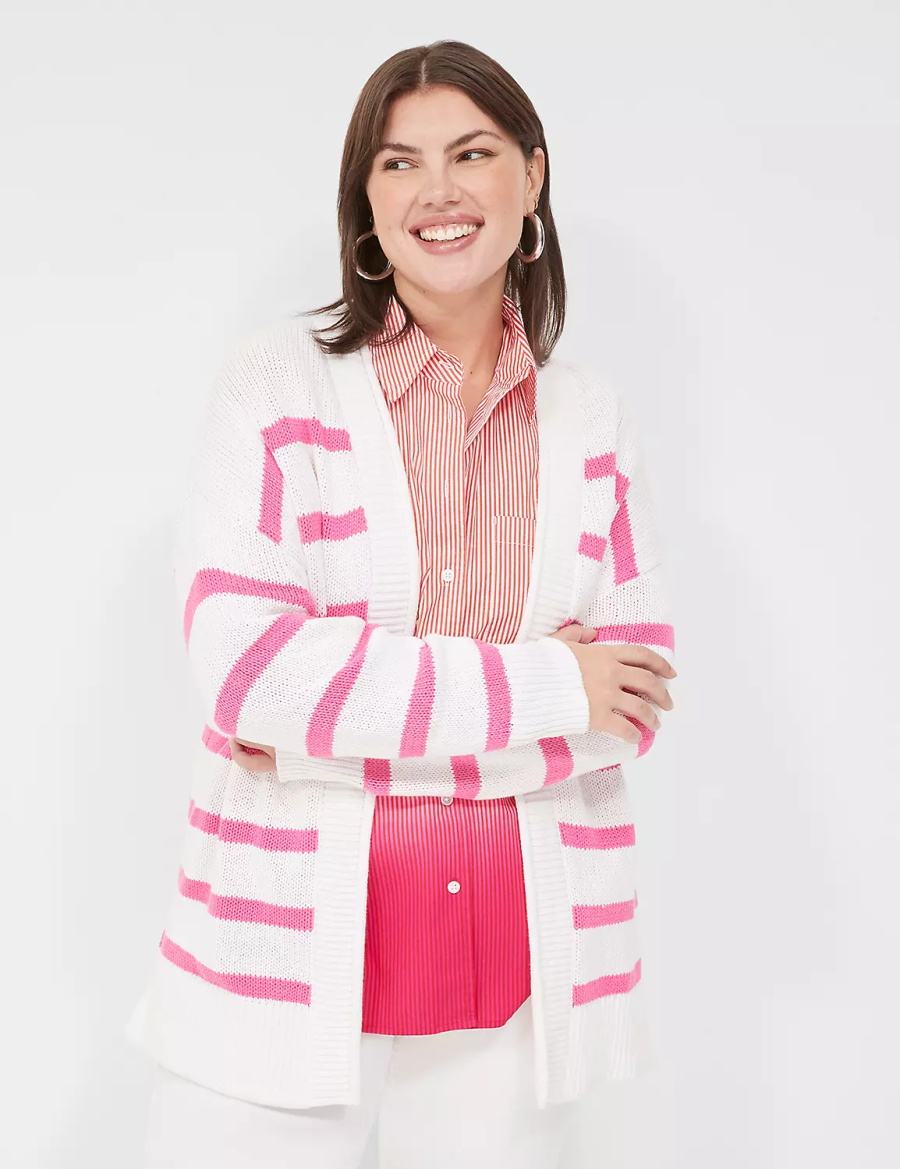 Lane Bryant Striped Open-Front Women Cardigan Pink White Stripes | HMH2680FB