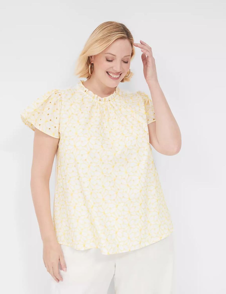 Lane Bryant Subtle Swing Cap-Sleeve Eyelet & Knit Top Women T Shirts Yellow | SCU5469AP