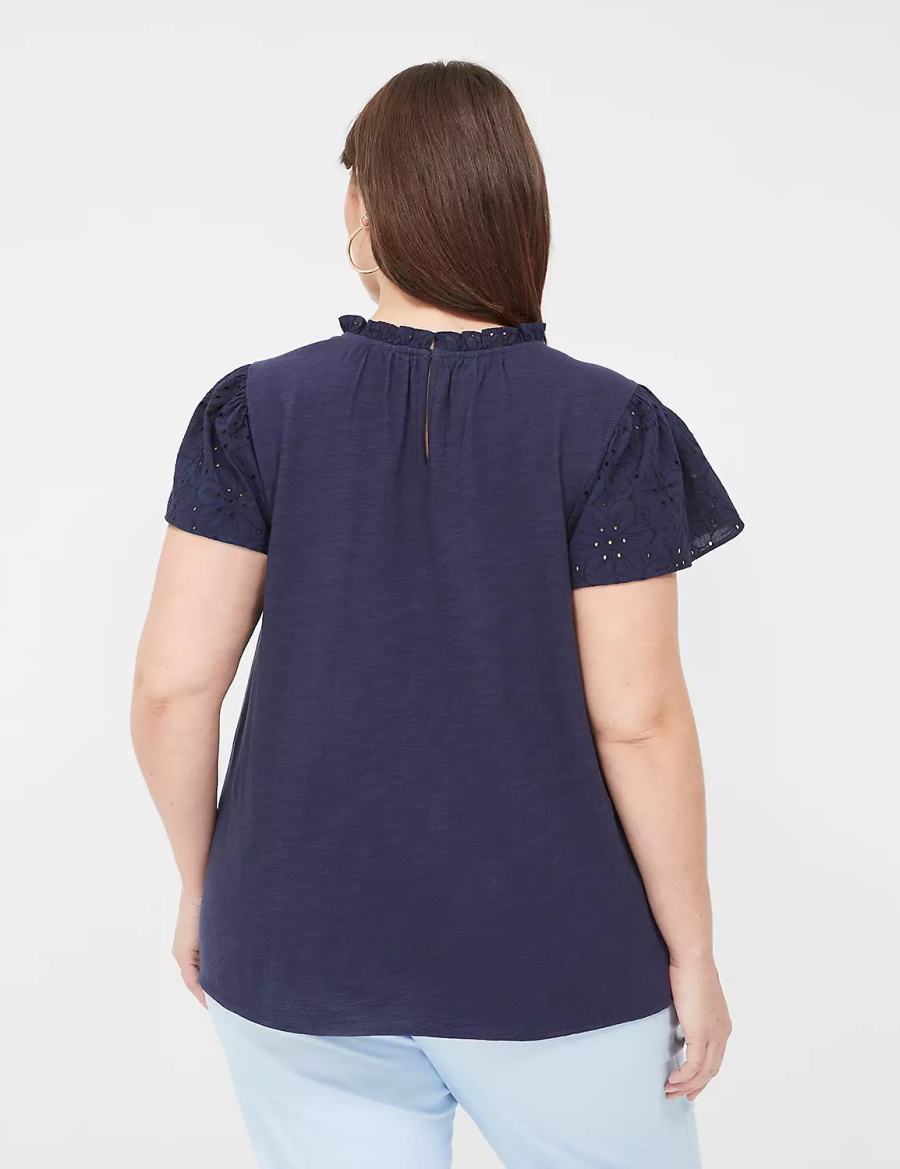 Lane Bryant Subtle Swing Cap Ruffle-Sleeve Eyelet & Knit Top Women T Shirts Blue | EGX5210IM