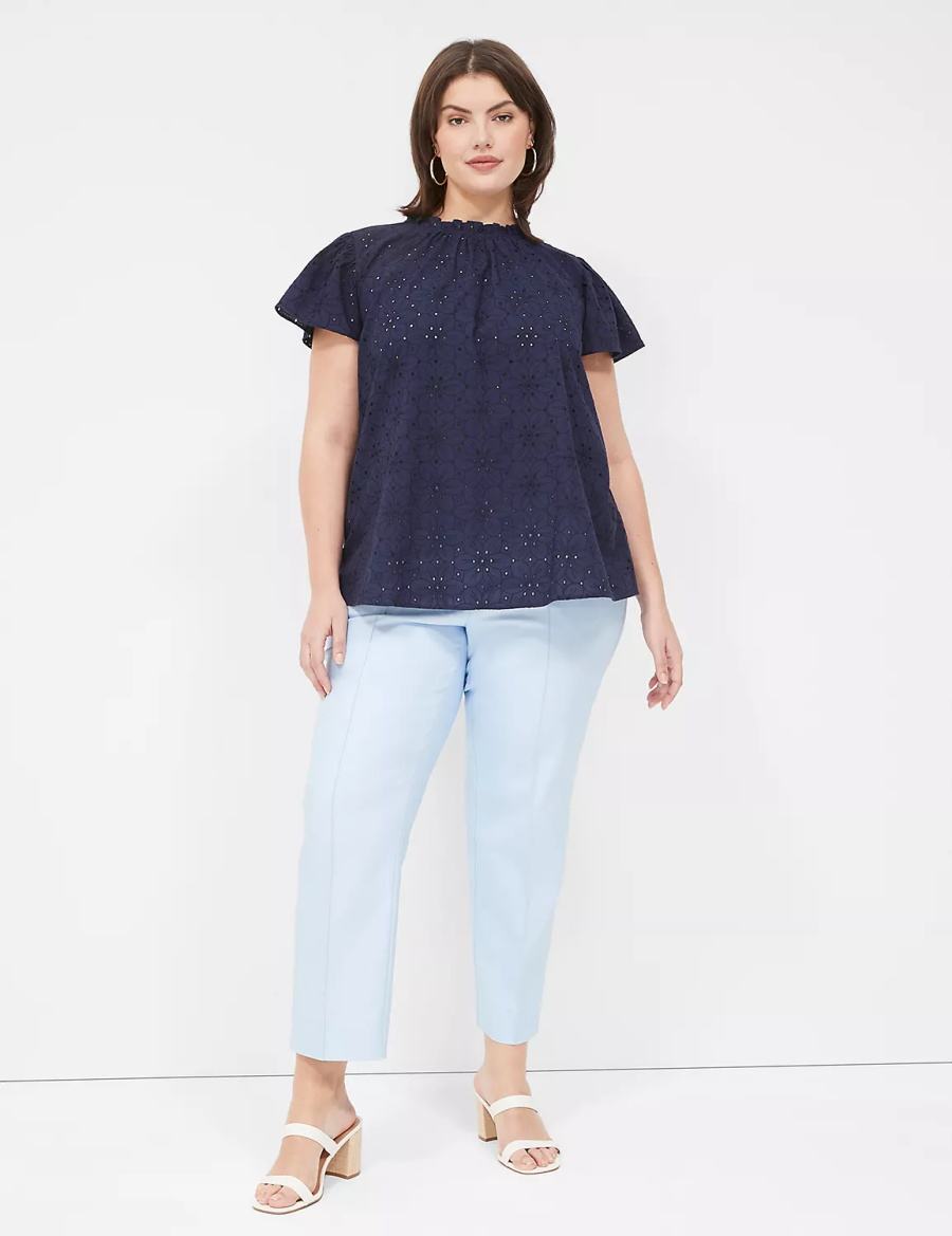 Lane Bryant Subtle Swing Cap Ruffle-Sleeve Eyelet & Knit Top Women T Shirts Blue | EGX5210IM