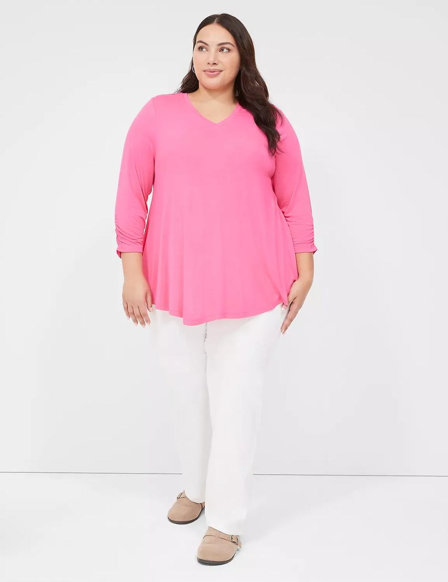 Lane Bryant Swing 3/4 Ruched-Sleeve Top Women T Shirts Fuchsia | NQN3133XD