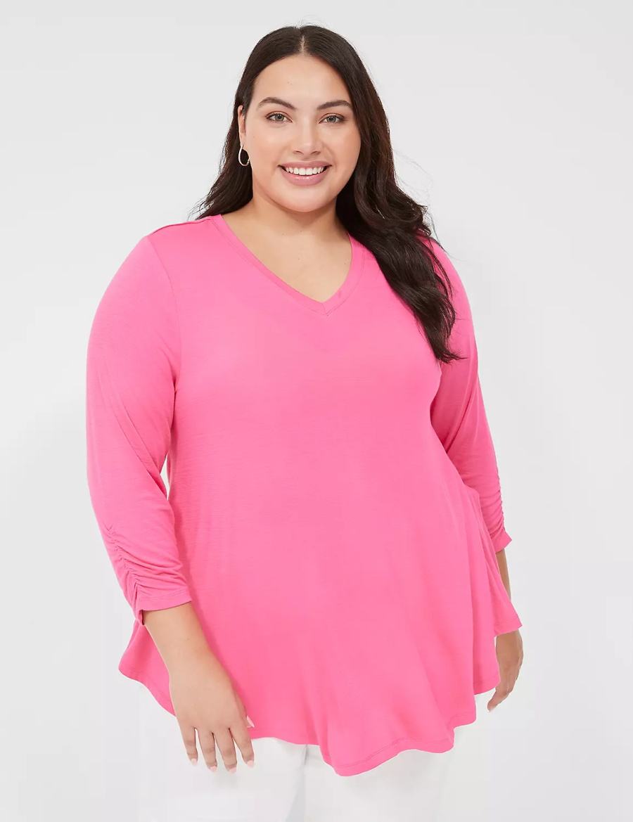 Lane Bryant Swing 3/4 Ruched-Sleeve Top Women T Shirts Fuchsia | NQN3133XD