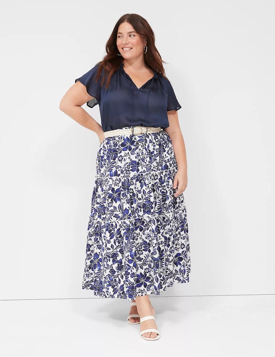 Lane Bryant Swing Cap-Sleeve Tie-Front Women Blouse Blue | HMQ1047NS