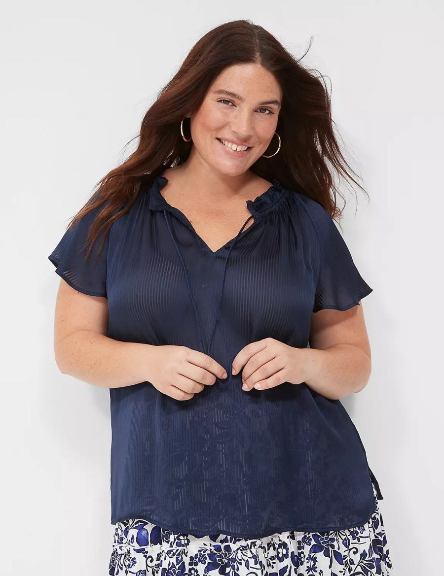 Lane Bryant Swing Cap-Sleeve Tie-Front Women Blouse Blue | HMQ1047NS