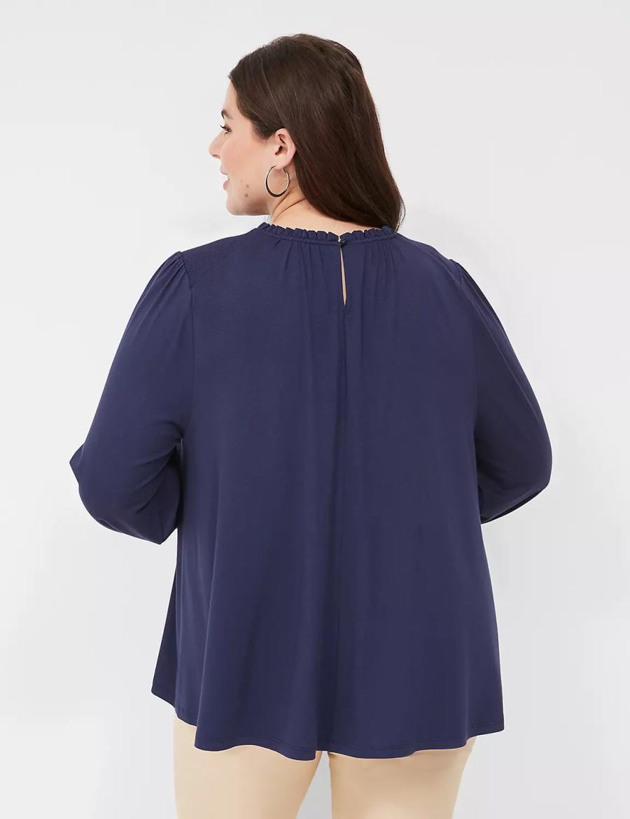 Lane Bryant Swing Crew-Neck Smocked-Shoulder Top Women Blouse Blue | DFD9455ES