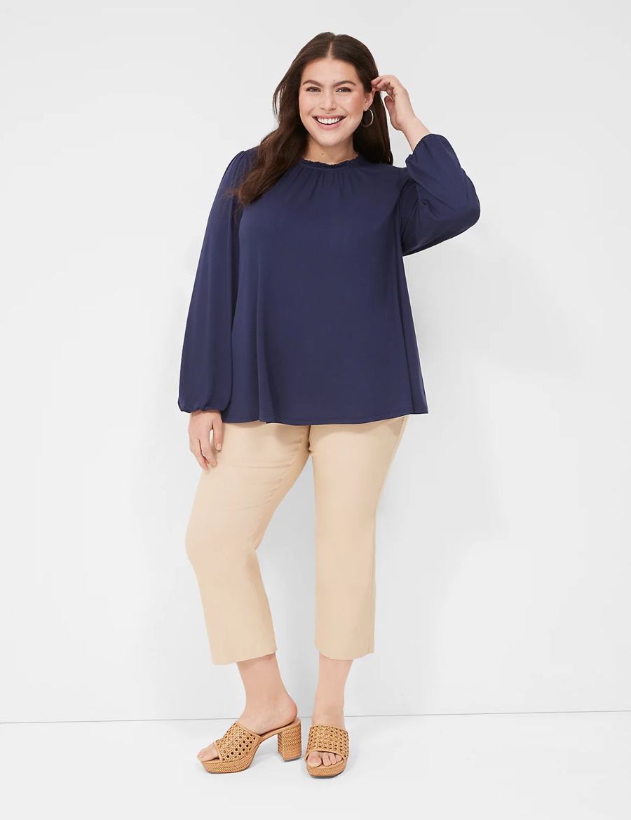 Lane Bryant Swing Crew-Neck Smocked-Shoulder Top Women Blouse Blue | DFD9455ES