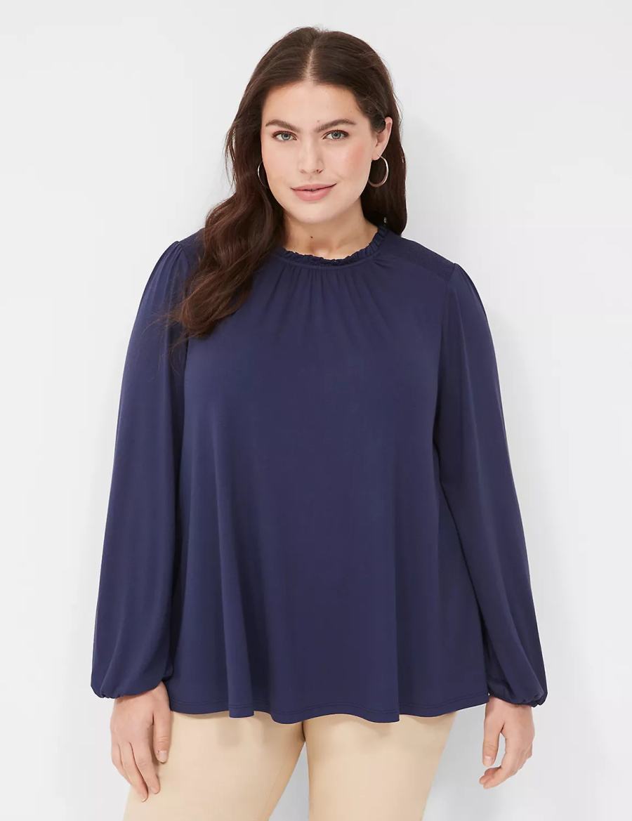 Lane Bryant Swing Crew-Neck Smocked-Shoulder Top Women Blouse Blue | DFD9455ES