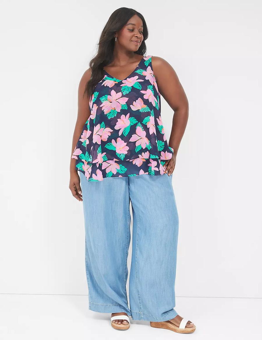 Lane Bryant Swing Double-Layer Chiffon Women Tank Top Pink Navy | PJJ3951LB