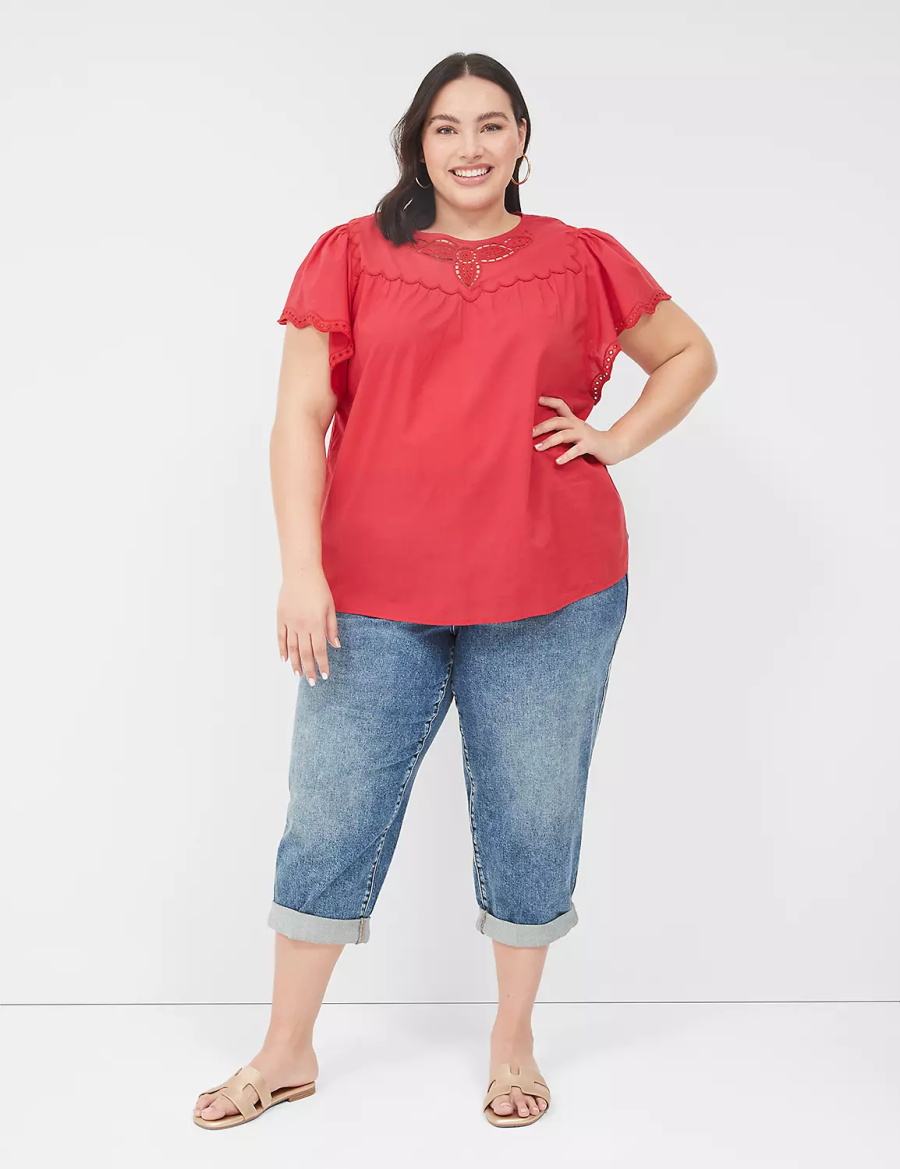 Lane Bryant Swing Eyelet-Trim Popover Women Blouse Red | MHB633UW