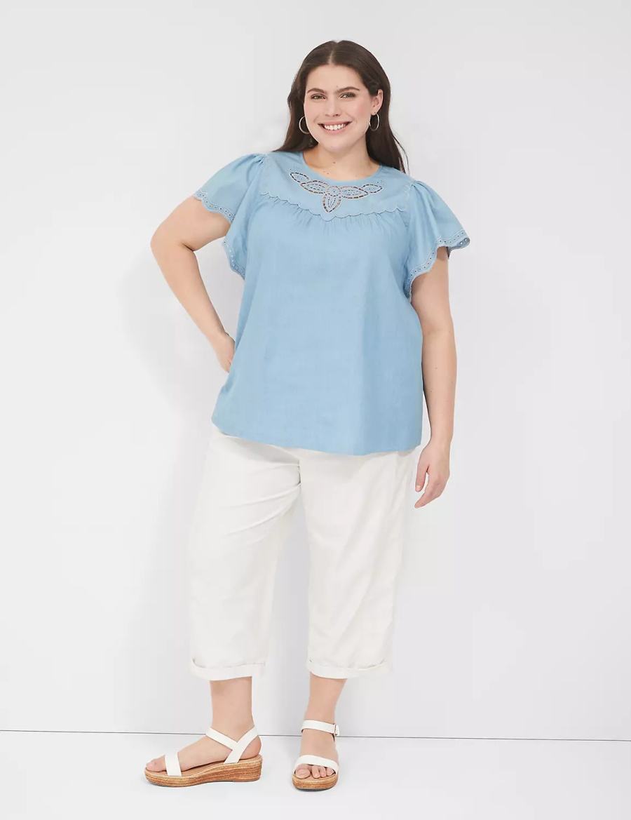 Lane Bryant Swing Eyelet-Trim Popover Women Blouse Blue | ARP6940ZV