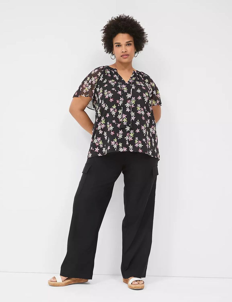 Lane Bryant Swing Flutter-Sleeve Popover Women Blouse Black Multicolor | YND7540TW