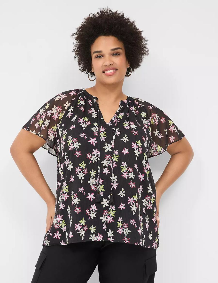 Lane Bryant Swing Flutter-Sleeve Popover Women Blouse Black Multicolor | YND7540TW