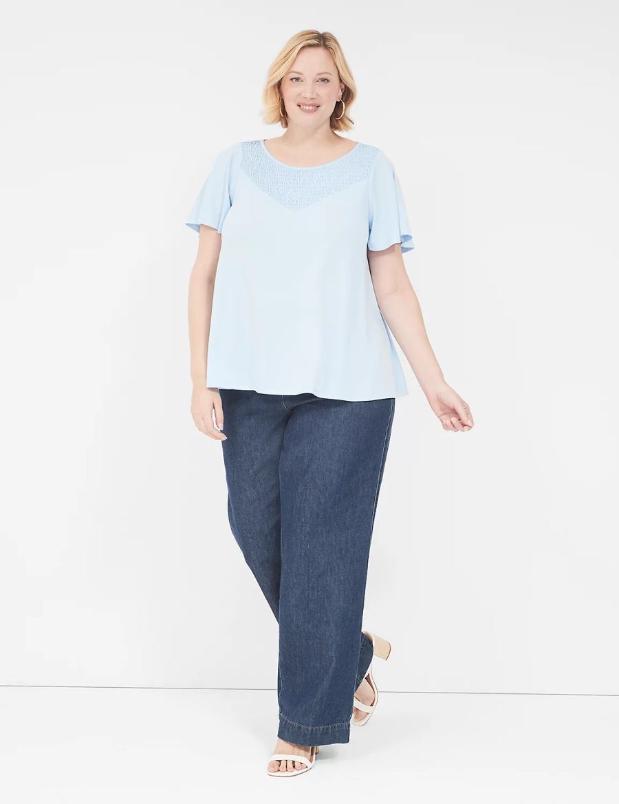 Lane Bryant Swing Flutter-Sleeve Smocked-Yoke Top Women T Shirts Blue | LBC7685PK