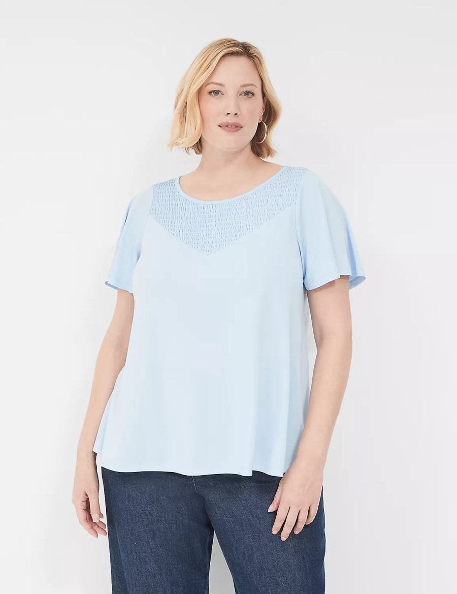 Lane Bryant Swing Flutter-Sleeve Smocked-Yoke Top Women T Shirts Blue | LBC7685PK