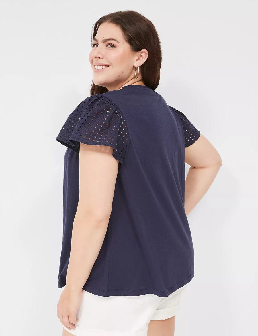 Lane Bryant Swing Flutter Sleeve Eyelet & Knit Tee Women T Shirts Blue | AOG522VB