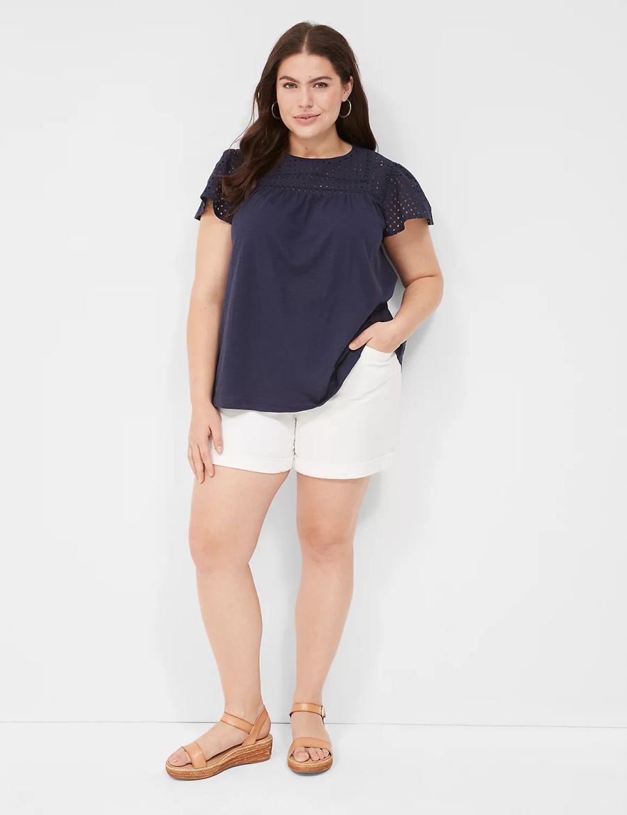 Lane Bryant Swing Flutter Sleeve Eyelet & Knit Tee Women T Shirts Blue | AOG522VB