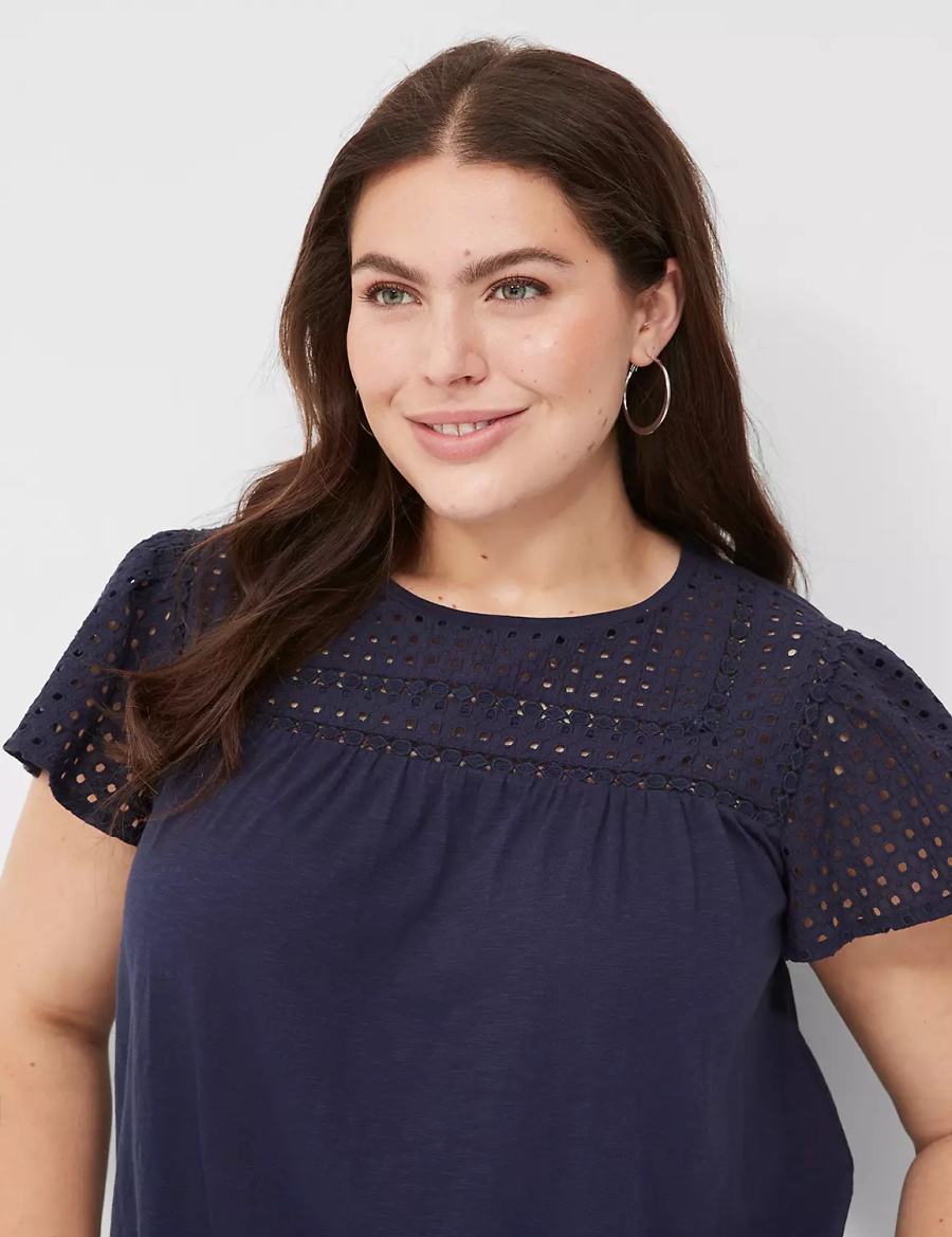 Lane Bryant Swing Flutter Sleeve Eyelet & Knit Tee Women T Shirts Blue | AOG522VB