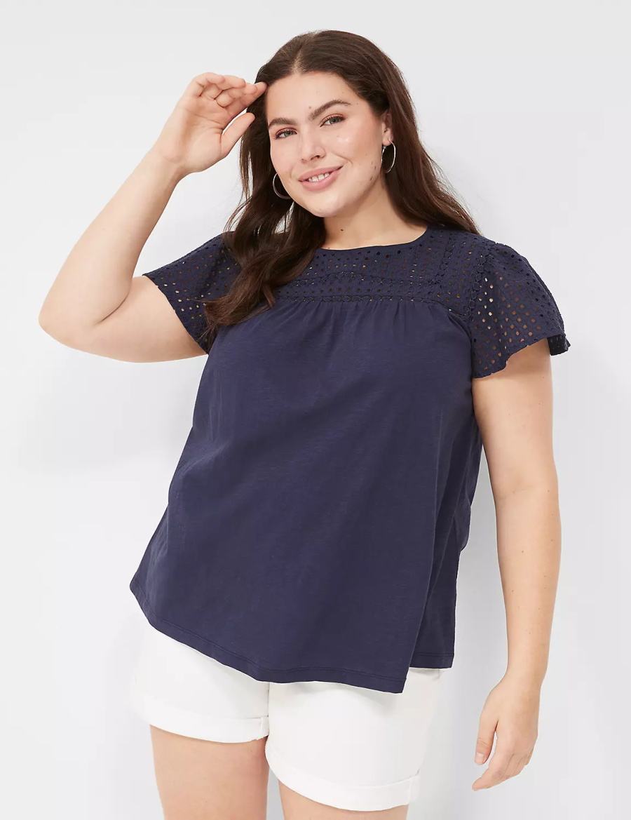 Lane Bryant Swing Flutter Sleeve Eyelet & Knit Tee Women T Shirts Blue | AOG522VB