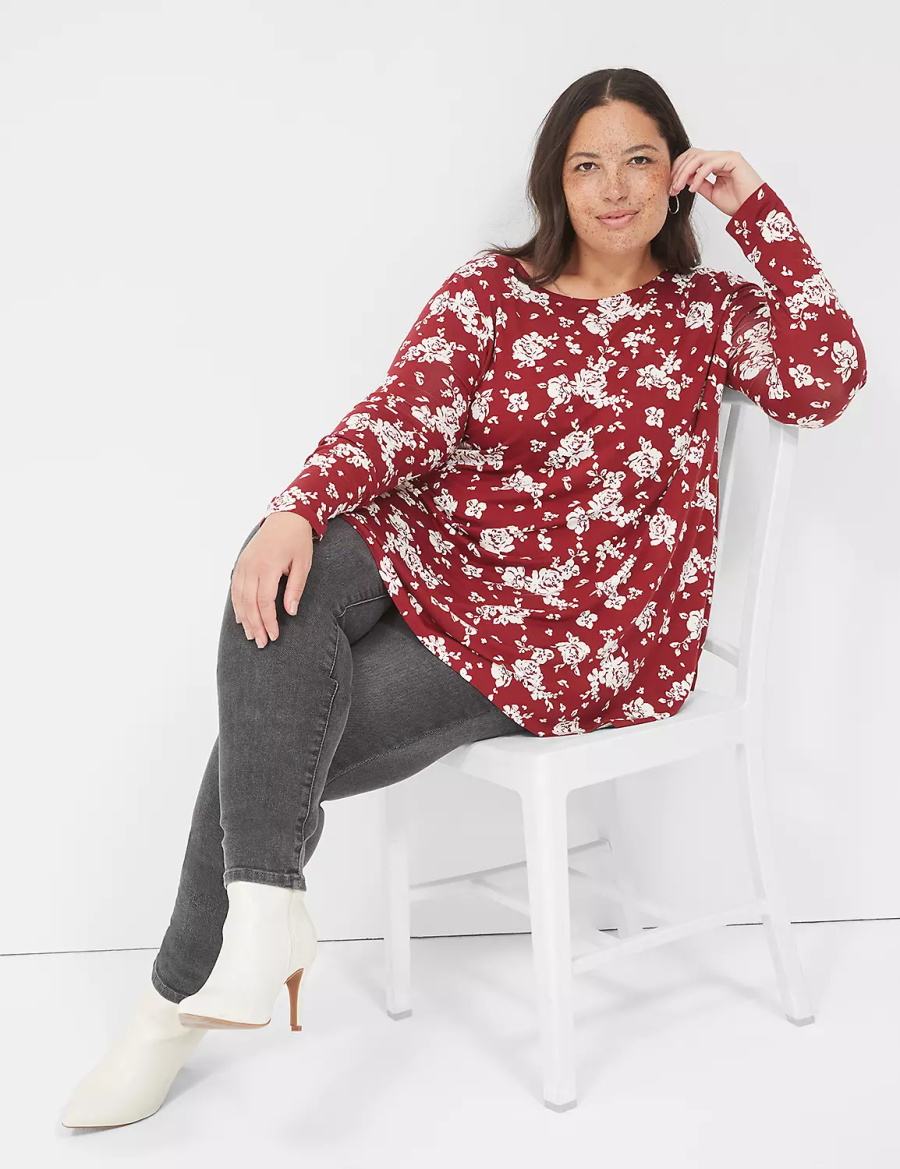 Lane Bryant Swing Long-Sleeve Crew-Neck Tee Women T Shirts Red White | MMH7065MT