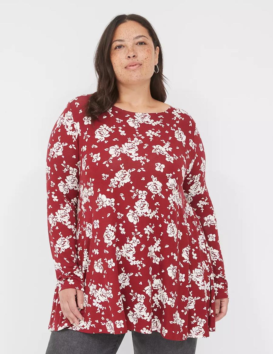 Lane Bryant Swing Long-Sleeve Crew-Neck Tee Women T Shirts Red White | MMH7065MT