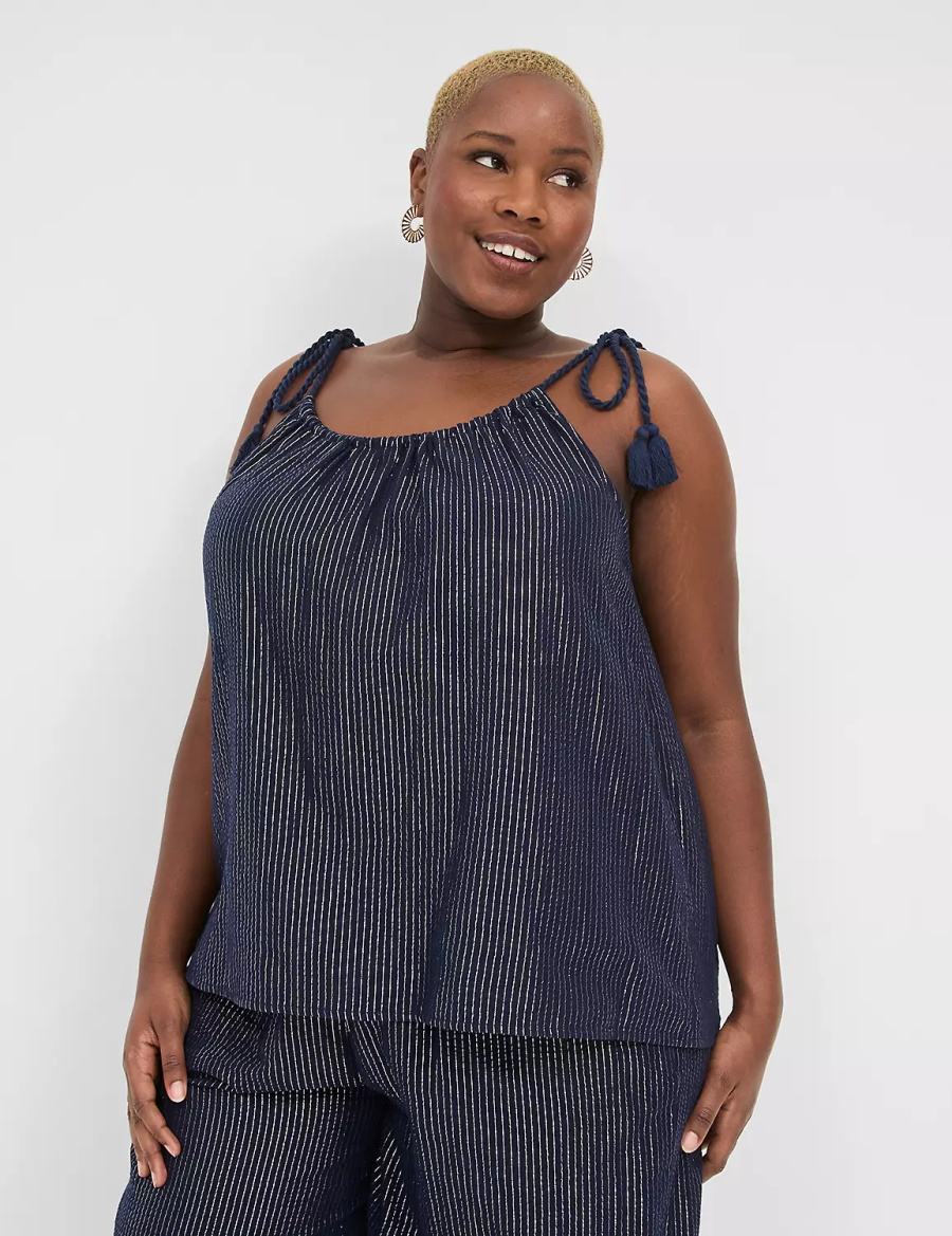 Lane Bryant Swing Lurex Gauze Tie-Strap Scoop-Neck Women Tank Top Blue | HNU172WP