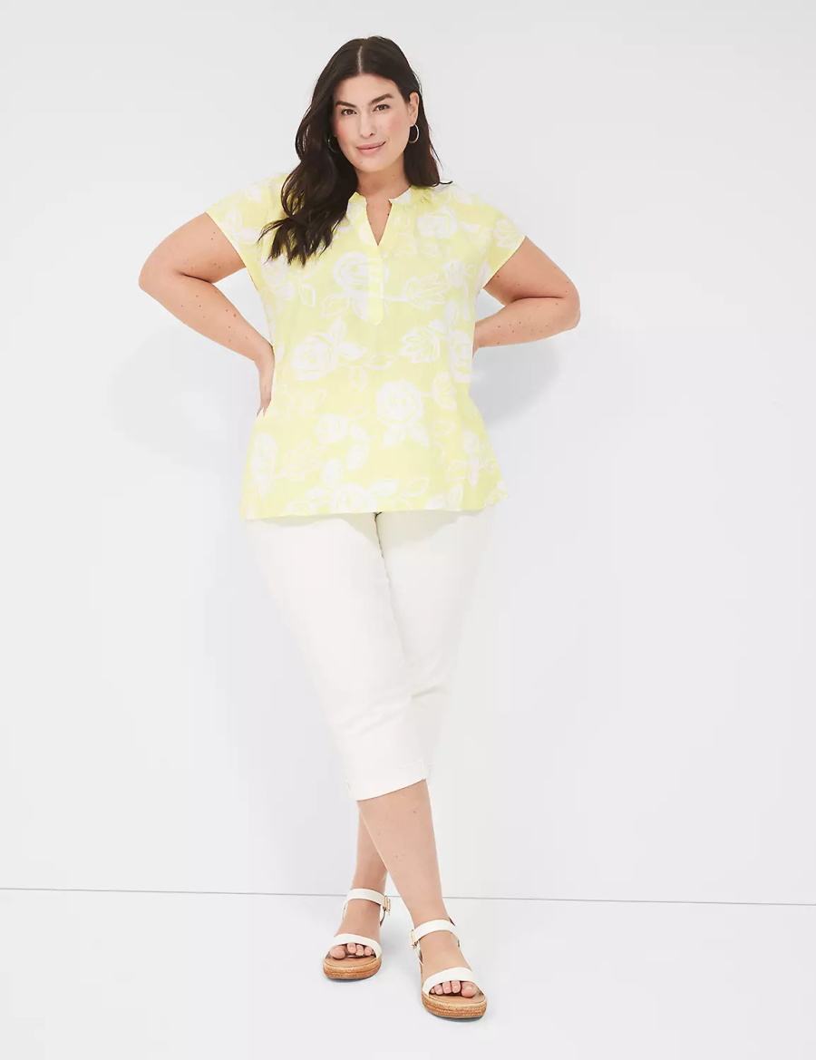 Lane Bryant Swing Notch-Neck Woven & Knit Top Women Blouse White Yellow | HIV6169AA