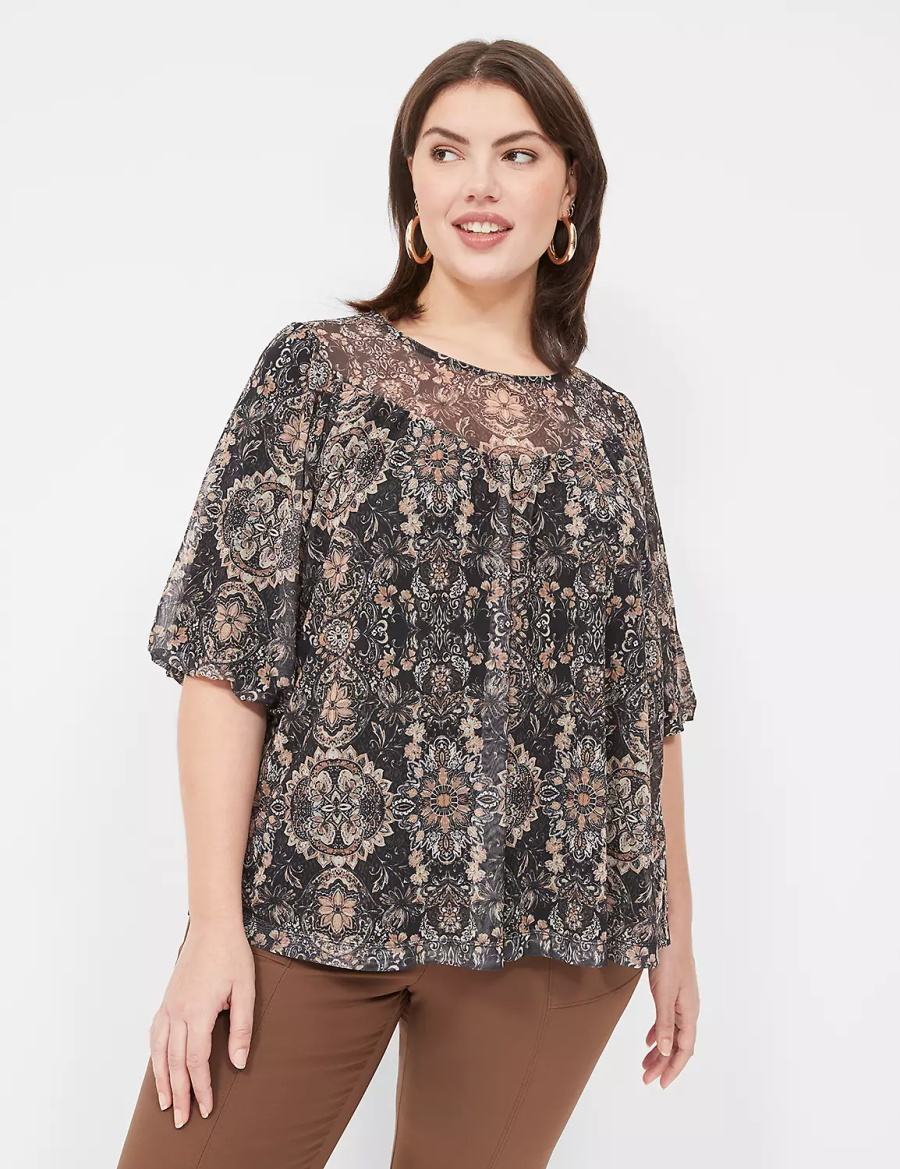 Lane Bryant Swing Perfect Puff-Sleeve Mesh Top Women Blouse Black | XXL5195NL