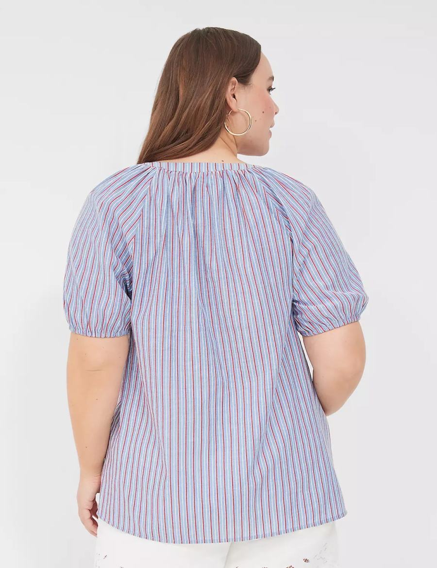 Lane Bryant Swing Short-Sleeve Notch-Neck Women Blouse Blue Stripes | ZDM832SS