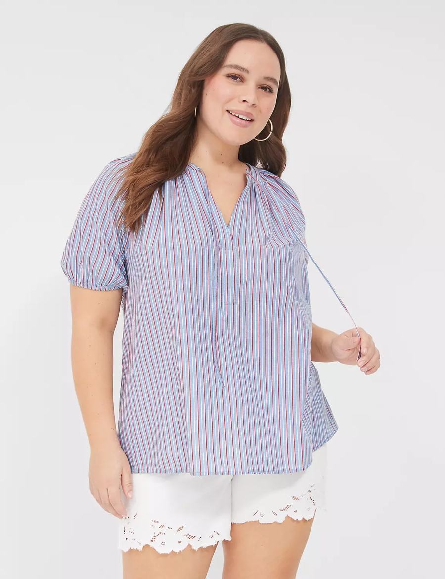 Lane Bryant Swing Short-Sleeve Notch-Neck Women Blouse Blue Stripes | ZDM832SS