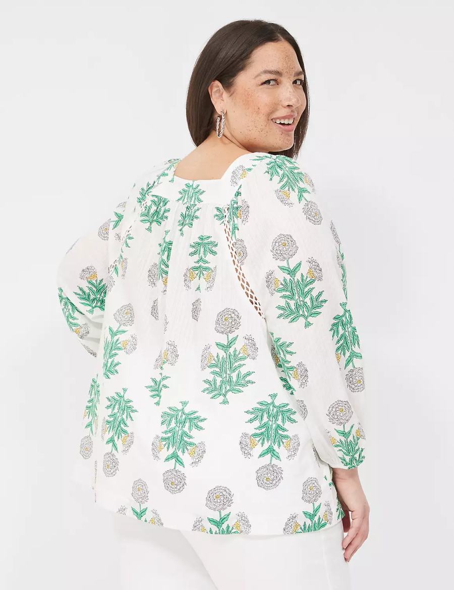 Lane Bryant Swing Square-Neck Peasant Women Blouse White Green | ZTW6411NN